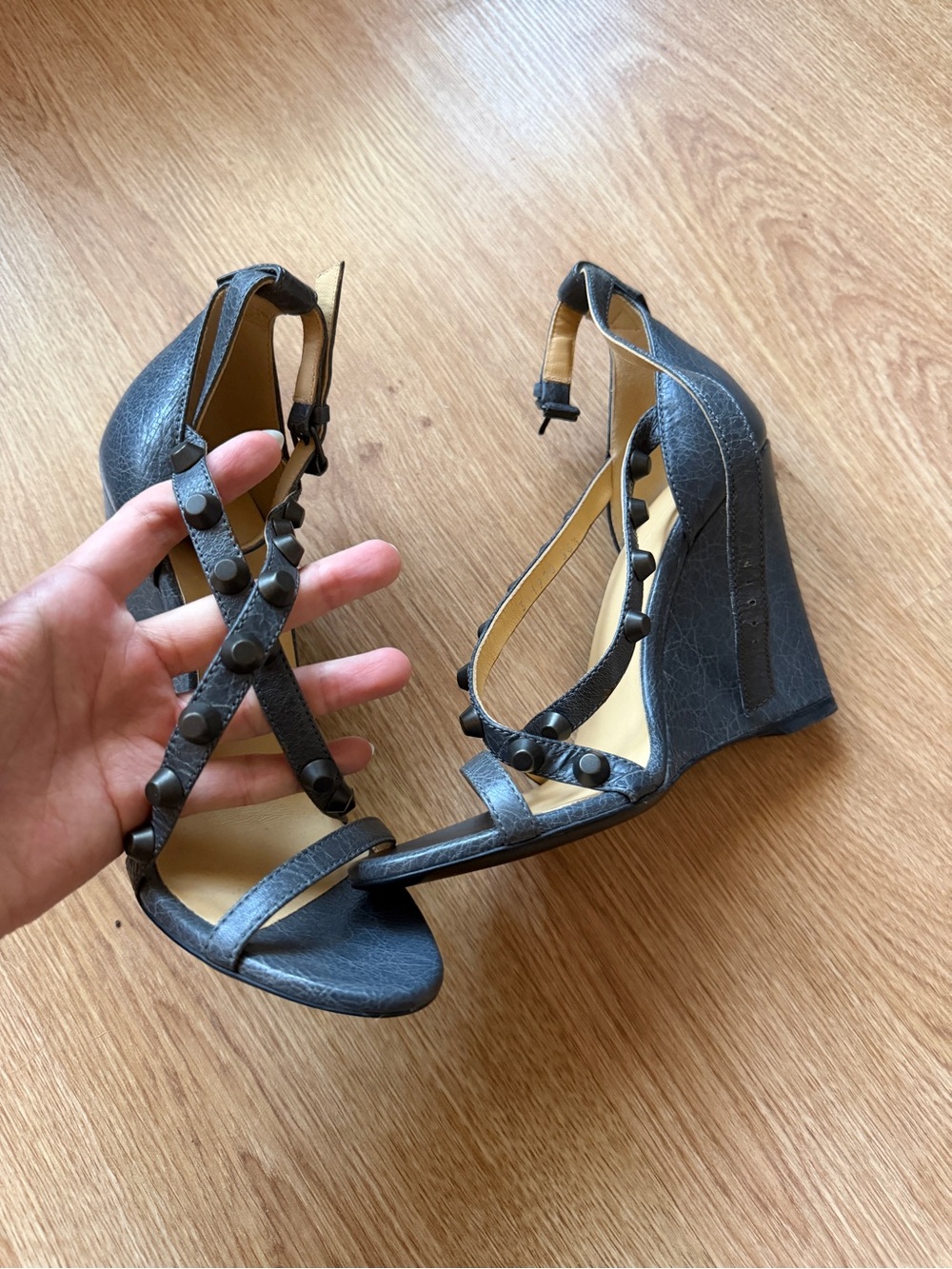 Balenciaga Grey Studded City Wedge Sandals